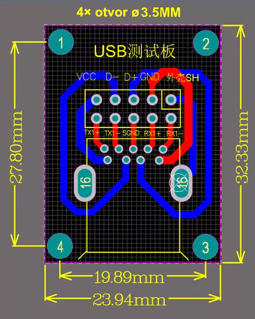 Adapter USB 2.0 typ A zásuvka - velká deska plošných spojů s kolíky - klišé