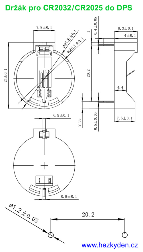 Bateriové pouzdro CR2032 DPS rozměry