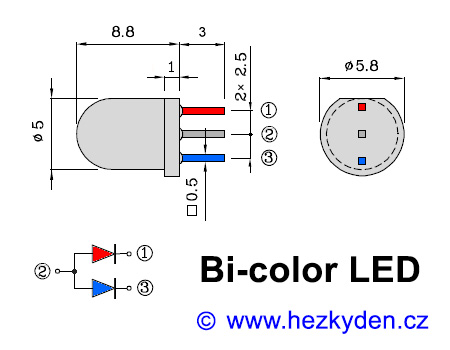 Bi-color LED 5mm - zapojení vývodů