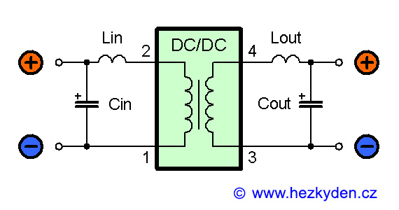 Izolovaný DC/DC měnič - schéma zapojení s LC filtrem