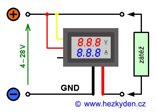 Kombinovaný voltmetr/ampérmetr - schéma napájení z měřeného napětí