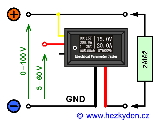Kombinovaný voltmetr/ampérmetr - základní zapojení