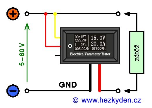 Kombinovaný voltmetr/ampérmetr - schéma napájení z měřeného obvodu