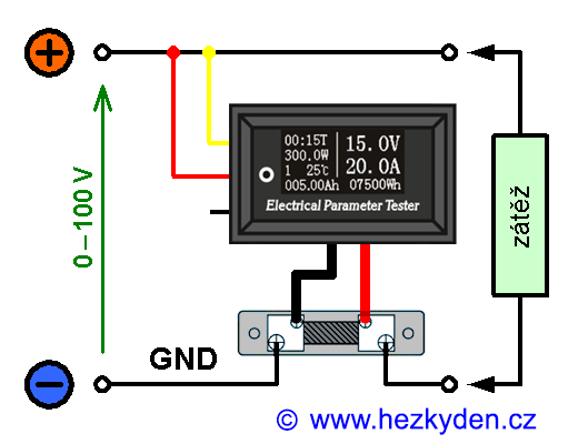 Kombinovaný voltmetr/ampérmetr - schéma napájení z měřeného obvodu