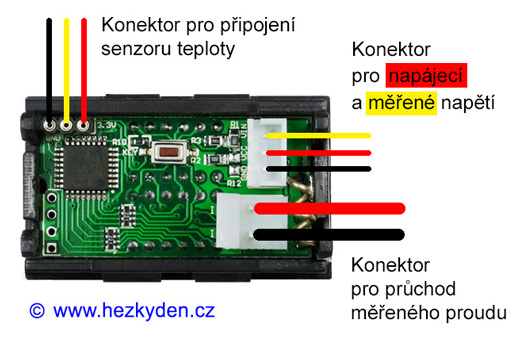 Kombinovaný voltmetr/ampérmetr/teploměr/wattmetr - připojení konektorů