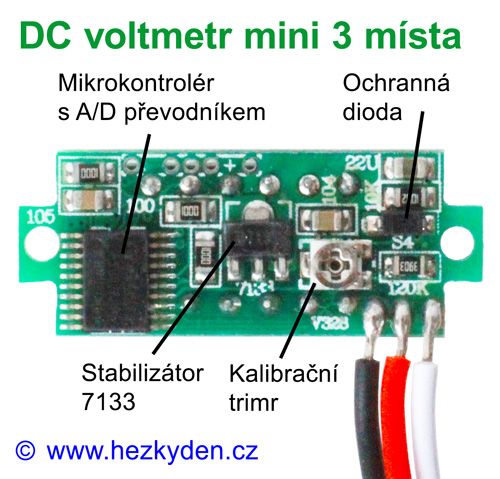 DC voltmetr LED modul mini 3 místa - konstrukce