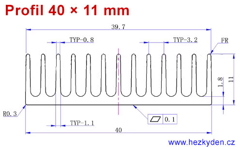 Hliníkový chladič - profil 40 x 11 mm Hliníkový chladič - profil 40x11mm