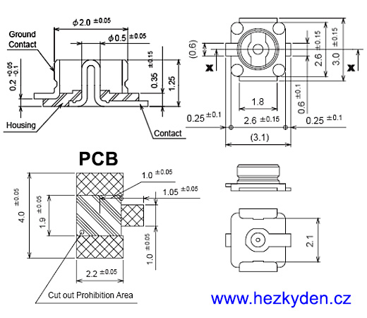 Konektor Hirose IPEX SMD - rozměry