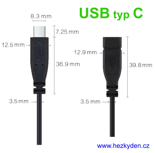 Kabel USB typ C - vidlice/zásuvka - rozměry