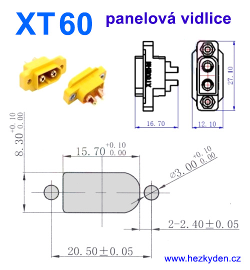 Konektor XT60 panelová vidlice - rozměry
