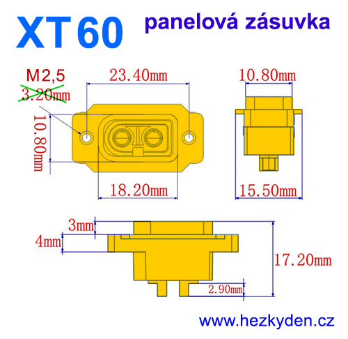 Konektor XT60 panelová zásuvka - rozměry