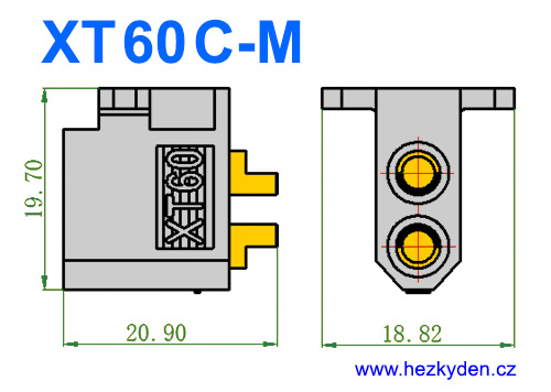 Konektor XT60 stojatý - rozměry - XT60C-M