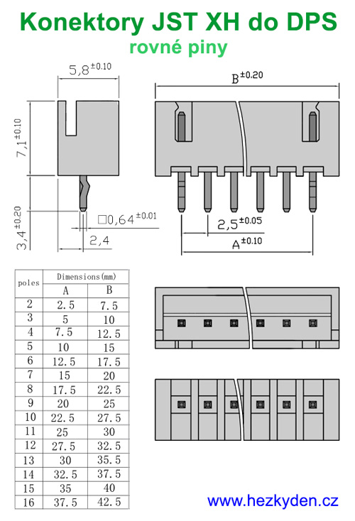 Konektory JST XH rovné piny - rozměry