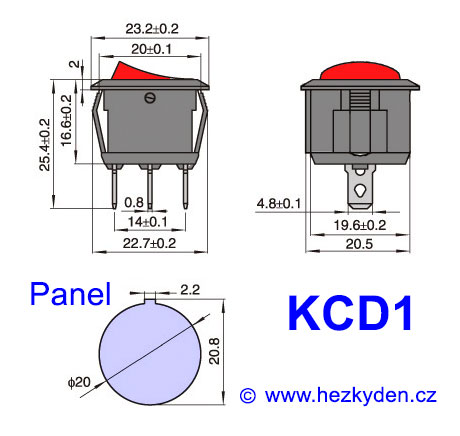 Kulaté kolébkové vypínače KCD1 - rozměry