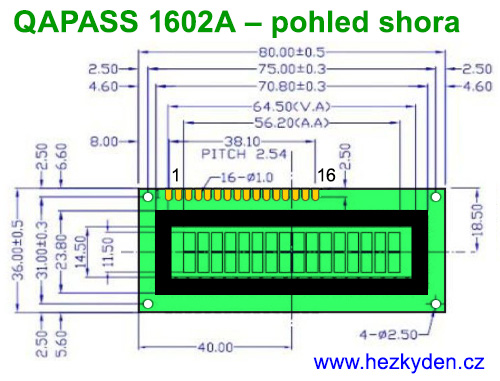 LCD modul QAPASS 1602A - rozměry