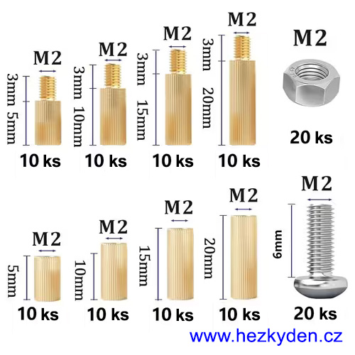 Mosazné distanční sloupky M2 - malá sada 7 - specifikace