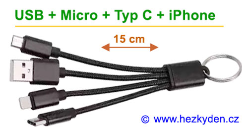 Nabíjecí kabel USB = USB micro + Typ C + Apple iPhone (napájecí USB rozbočovač)