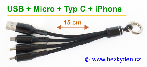 Nabíjecí kabel USB = USB micro + Typ C + Apple iPhone