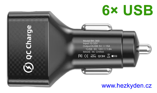 Nabíječka 6×USB do auta QC3.0