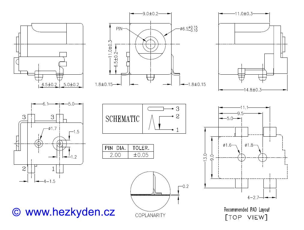 Napájecí konektory 2,1 mm SMD na DPS - rozměry (technický výkres)