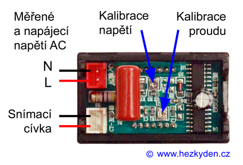 Panelový digitální voltmetr ampérmetr LED 300 V AC - zapojení