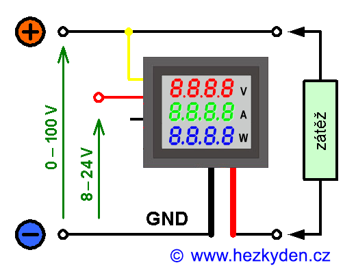 Kombinovaný voltmetr/ampérmetr/wattmetr - základní zapojení