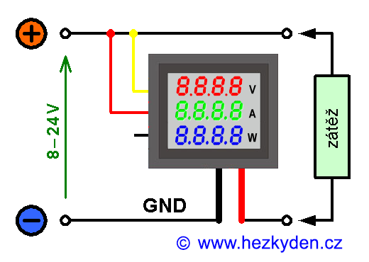 Kombinovaný voltmetr/ampérmetr/wattmetr - schéma napájení z měřeného napětí