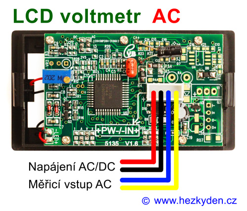 Panelový digitální voltmetr LCD - 300V~ AC - zapojení
