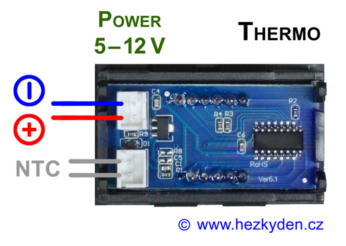 Panelový LED teploměr NTC, 3 místa – schéma zapojení (varianta D)