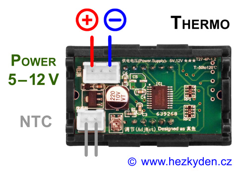Panelový LED teploměr NTC, 3 místa – schéma zapojení (varianta B)