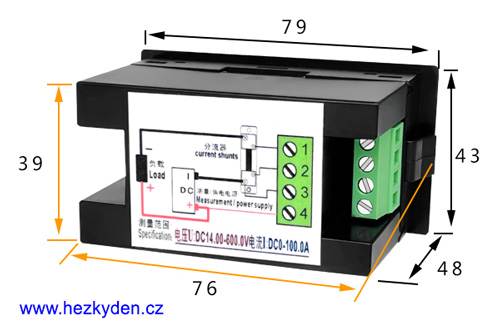 Panelový multifunkční wattmetr LCD 600V 20/50/100A DC - rozměry