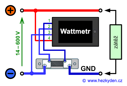 Panelový multifunkční wattmetr LCD 600V 50/100A DC - zapojení