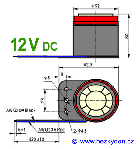 Piezo siréna 105dB 12V standard - rozměry