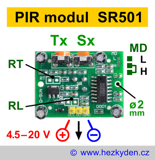 PIR modul SR501 - zapojení