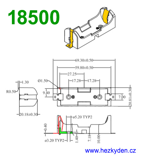 Pouzdro na baterie 18500 SMD - rozměry 1x Pouzdro na baterie 18500 SMD - rozměry 1x