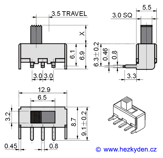 Mini přepínač 2 polohy R - výkres/rozměry