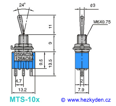 Přepínač MTS102 - rozměry