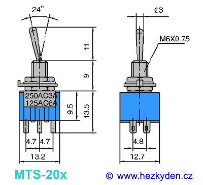 Přepínač MTS202/MTS203 - rozměry