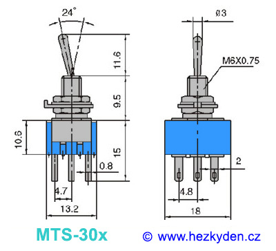 Přepínač MTS302 - rozměry