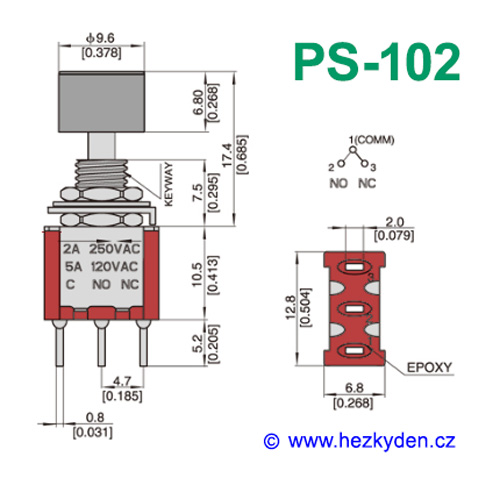 Přepínací tlačítko jednopólové - PS102 - rozměry