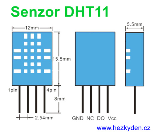 Senzor vlhkosti a teploty DHT11 - rozměry a zapojení