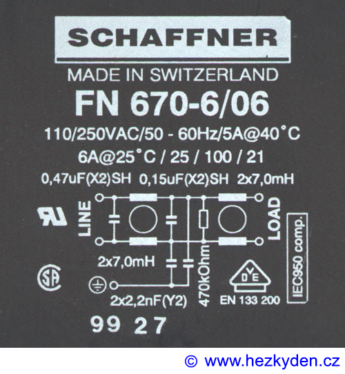 Síťový EMI filtr Schaffner FN670 - štítek