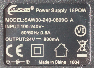 Spínaný zdroj 24 V/800 mA - štítek adaptéru Typ 2
