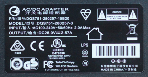 Spínaný zdroj 28 V/2,57 A - štítek adaptéru