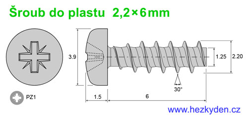 Šroub do plastu 2,2x6mm - rozměry