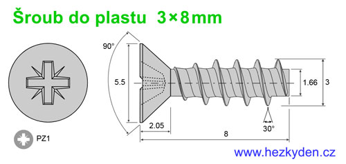 Šroub do plastu 3x8mm zapuštěná hlava - rozměry