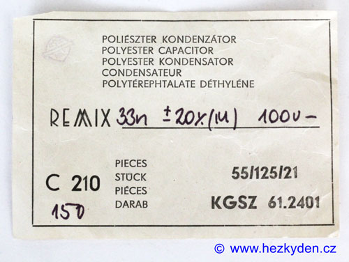 Svitkové kondenzátory 33n 100V Remix - štítek
