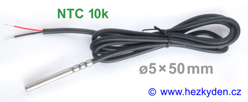 Termistor NTC 10k s kabelem - senzor nerez stonek ∅5 × 50 mm