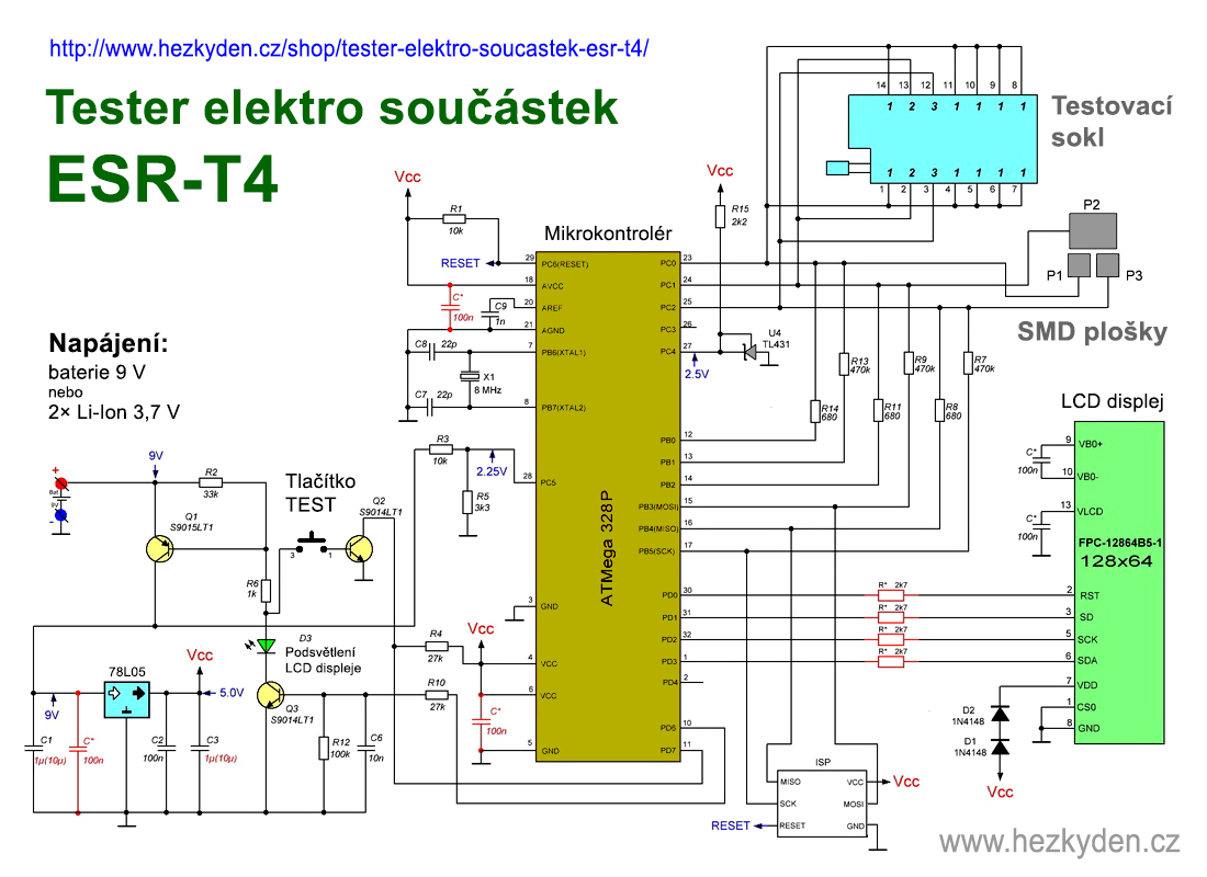 Tester elektro součástek ESR-T4 - schéma