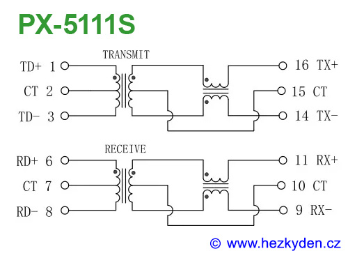 Ethernetový transformátor PX-5111S - schéma